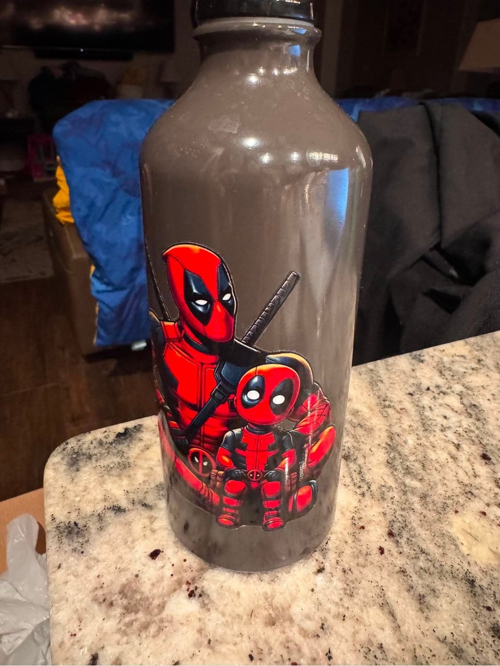 Gray Water Bottle with Red Deadpool Character Design